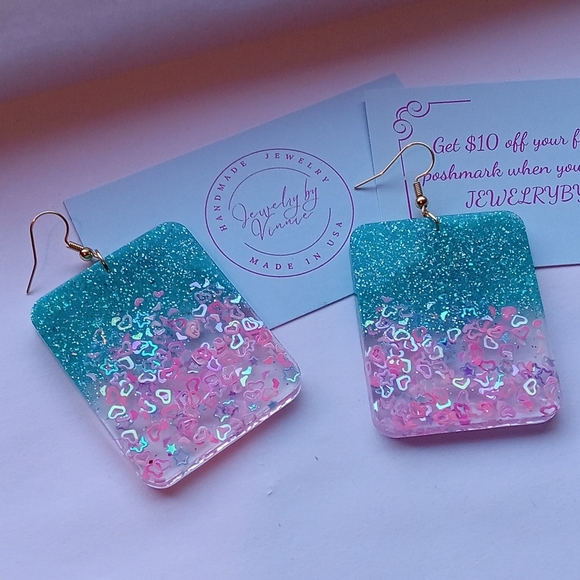 Hand Crafted Jewelry - Hand Crafted Pink And Teal Caribbean Sunset Collection Rectangles